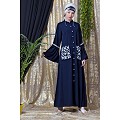 Front open embroidery abaya with Bell sleeves- Navy Blue